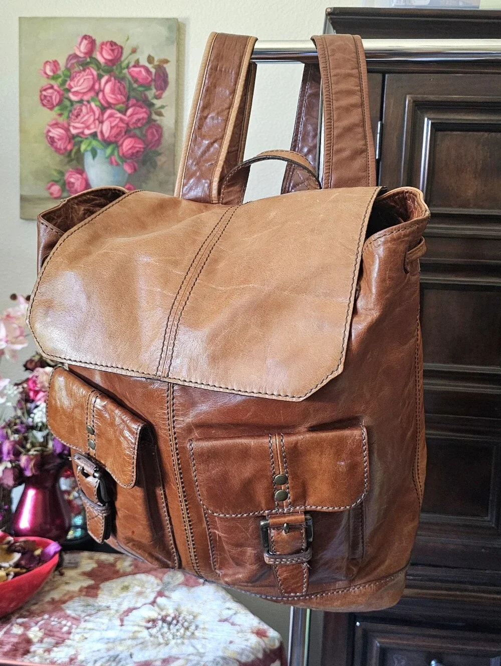 Vintage Fossil Chestnut Brown Leather Backpack